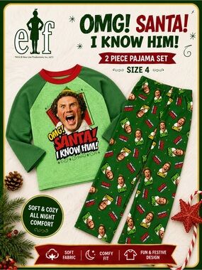 ELF Kids Green and Red "OMG! Santa! I Know Him!" 2-Piece Pajama Set Sz 4